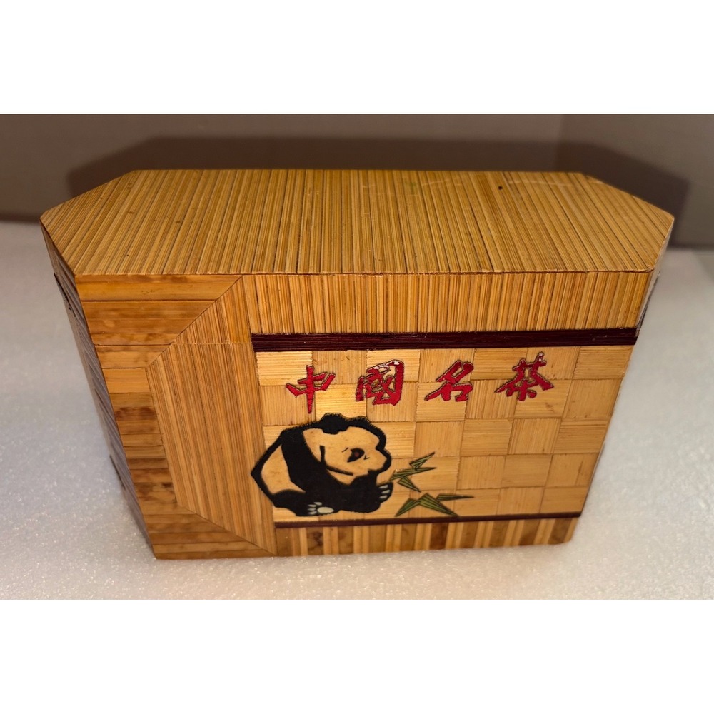 Vintage Chinese Bamboo Straw Marquetry Tea Box Caddy Panda Bamboo